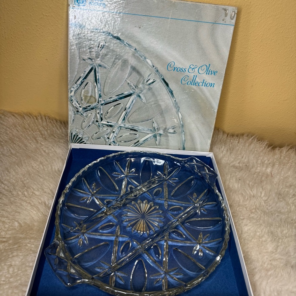 Vintage Anchor Hocking Clear Crown & Olive Relish Tray